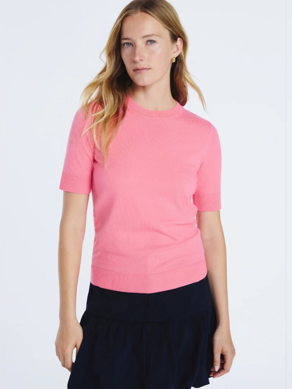 NWT Free Assembly Cozy Yarn Sweater Tee Pink Melon Ribbed Short Sleeve Pullover